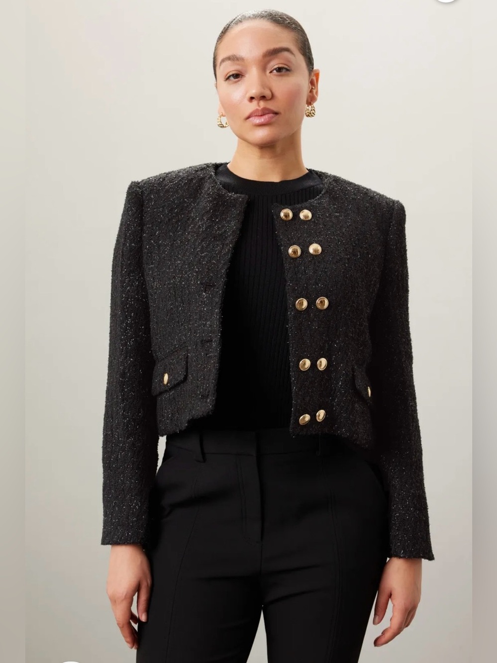 Runway MICHAEL Michael Kors Black Tweed Cropped Jacket with Gold Buttons